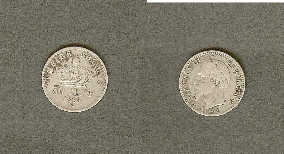 50 centimes Napoléon III, tête laurée 1869 Strasbourg TB+
